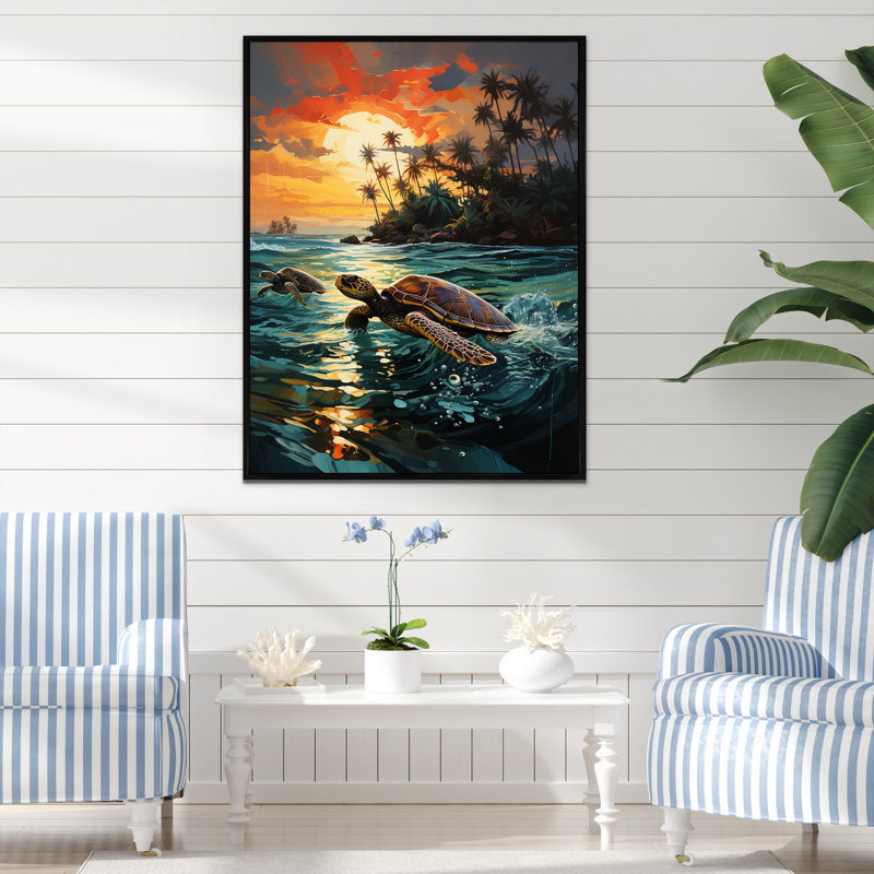 Dreamy Tropical Sunset Turtle Beach I - Tortue, art mural animal, H 44 po x l 34 po x P 1,5 po, Cadre flottant noir