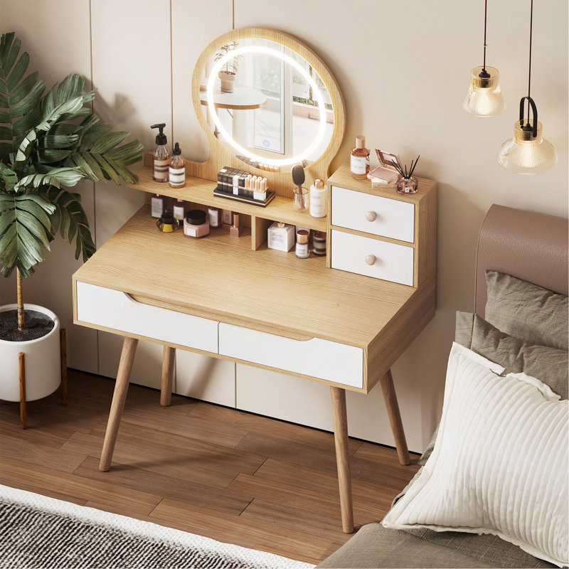 Makeup Vanity Desk with Adjustable Lighted Mirror, Solid Wood Legs Dressing Table with Drawers & Shelves for Small Bedroom