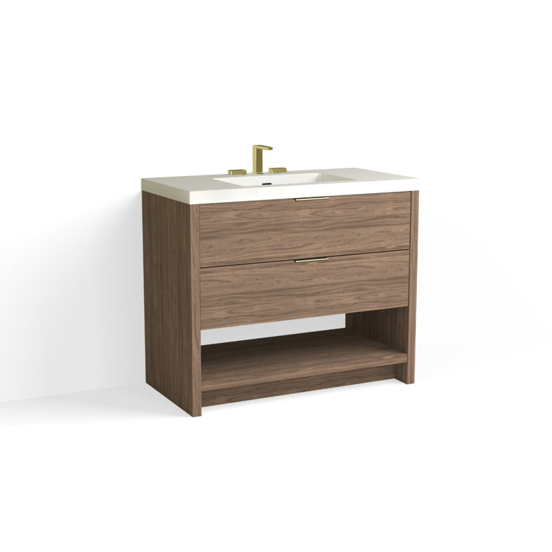 Vue 42" W Freestanding Single Bathroom Vanity, Glossy White/8" Widespread, Matte Black, White Nanomatte