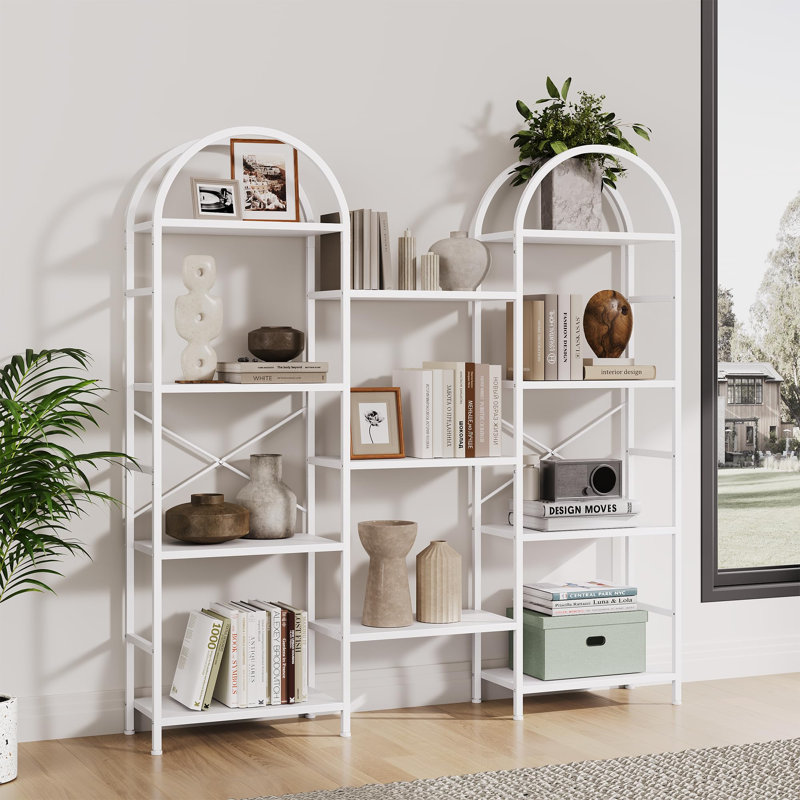 Arched Triple Column 4 Tier Bookshelf, 63"X63" Tall Book Shelf with Open Display Shelves, Industrial Wide Bookcase, White