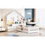 Lit simple blanc avec fenêtre, rangement de tiroir, douilles et support pour lit simple avec tiroirs de chevet, tablettes de sortie-368610995