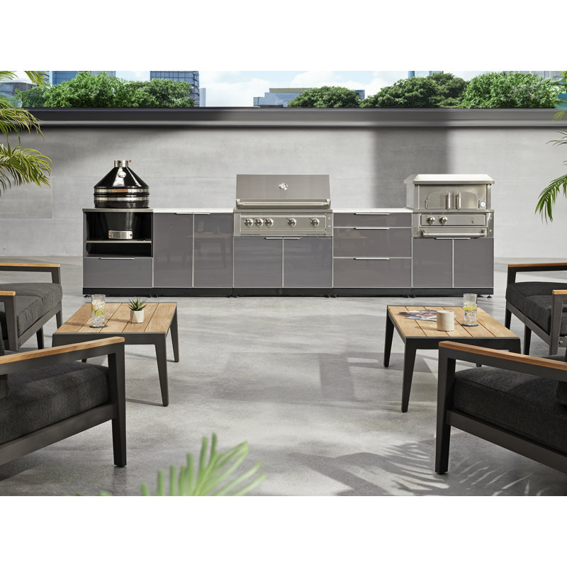 Ensemble d'armoires d'extérieur 5 pièces en aluminium gris ardoise avec bar, barbecue, évier, barbecue au propane liquide 40 po et plateau blanc 32 po Dekton