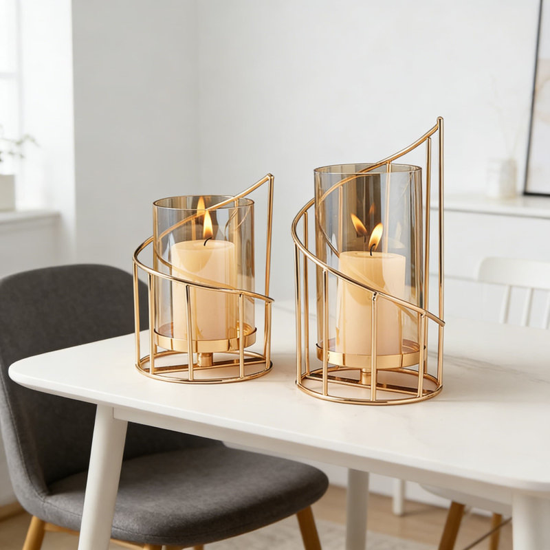 Ensemble de 2 porte-bougies décoratifs en fil métallique avec bocaux en verre, porte-bougies dorés pour centre de table et décoration intérieure, ensemble de 2