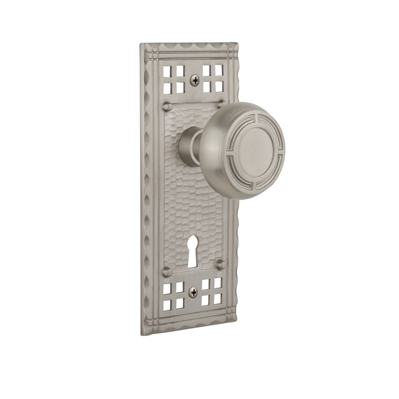 Mission Interior Mortise Door Knob with Craftsman Long Plate, Satin Nickel