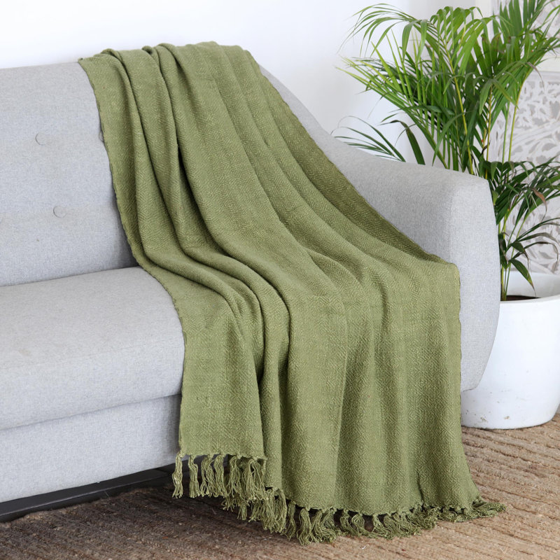 Avocado Green Cotton Throw Blanket with Tasseled Fringe