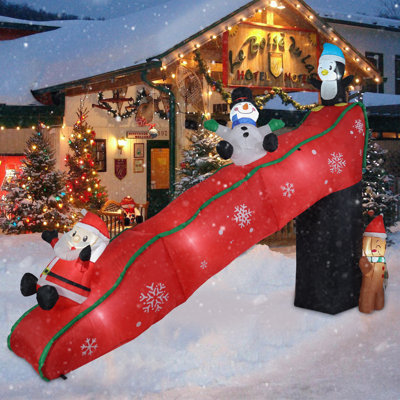 9ft Christmas Inflatable Slide Decor With Santa, Snowman, Penguin & Gingerbread Man – Led Lit, Outdoor Decoration For Yard Holiday Ambiance,christmas Decor