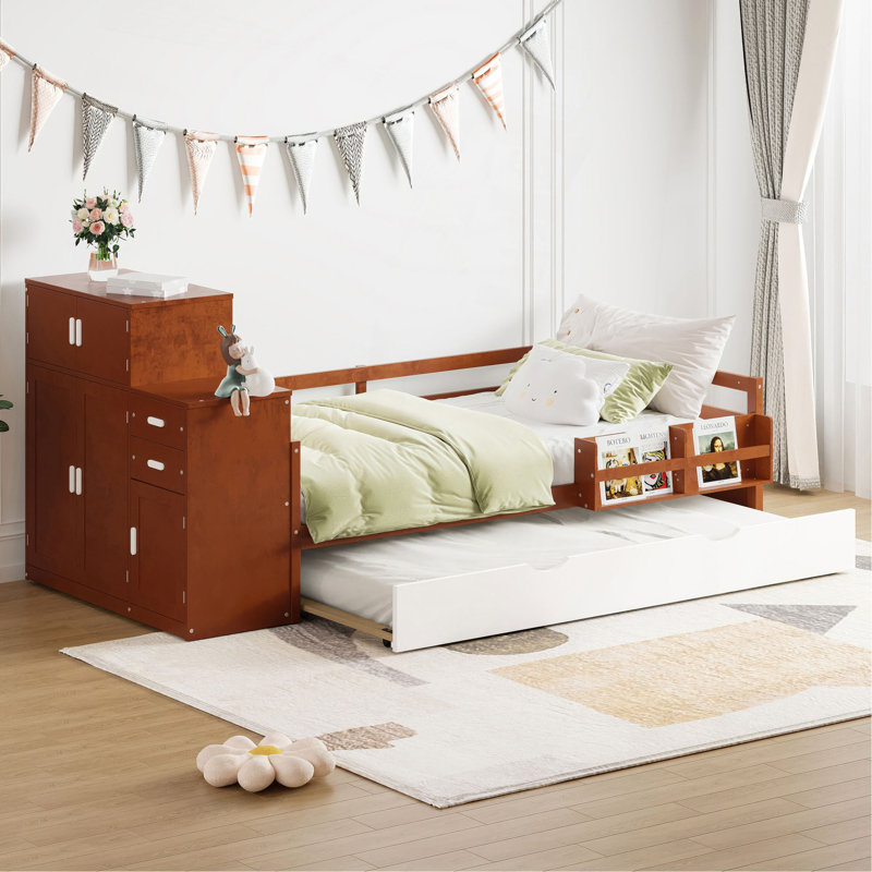 Twin Size Wood Platform Bed With Sample Bookshelf And Movable Wardrobe, Multifunctional Bed With Built-In Trundle Bed, Walnut
