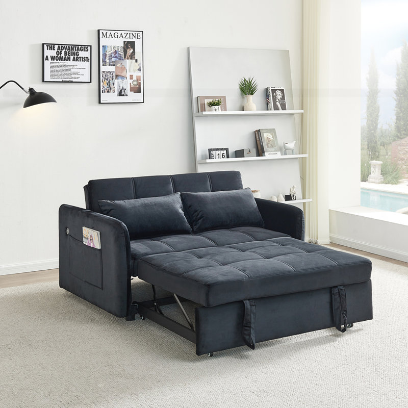 Alax Recessed Arm Sofa Bed, Black Velvet