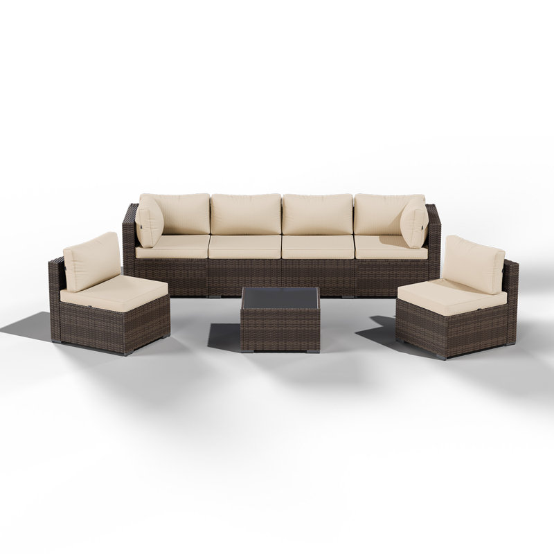 7-Piece 6-Person Symmetrical Outdoor Seating Group, Brown, White