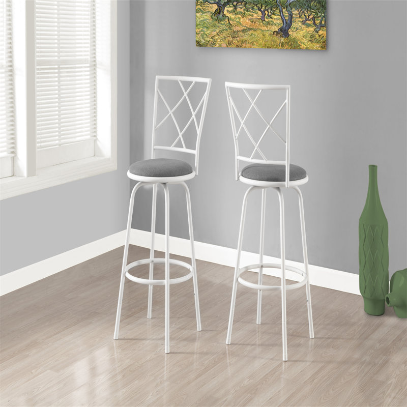 Tabouret de bar, ensemble de 2, pivotant, hauteur de bar, métal blanc, tissu gris, contemporain, moderne