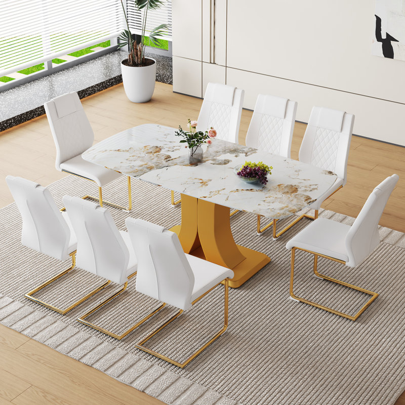 Ensemble de table de salle à manger luxueuse en verre à motif Pandora blanc avec 8 chaises Pu