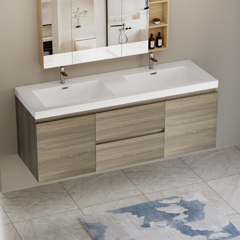 Ensemble de meuble-lavabo mural 60 po, Blanc lustré, Gris cendre