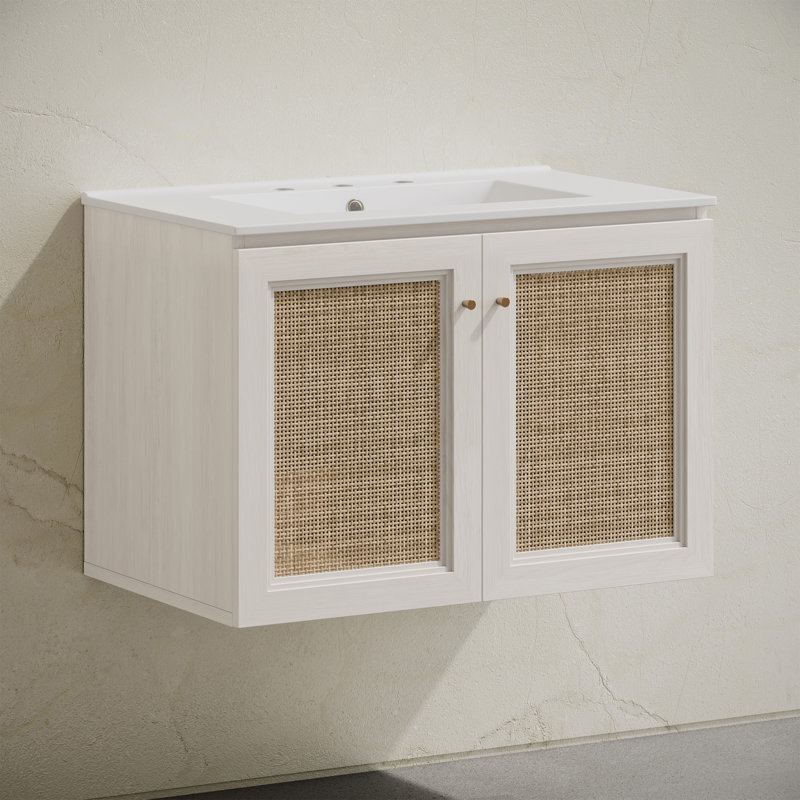 Meuble-lavabo mural 30 po en chêne blanc avec trous de robinet espacés Witkowski, 30"