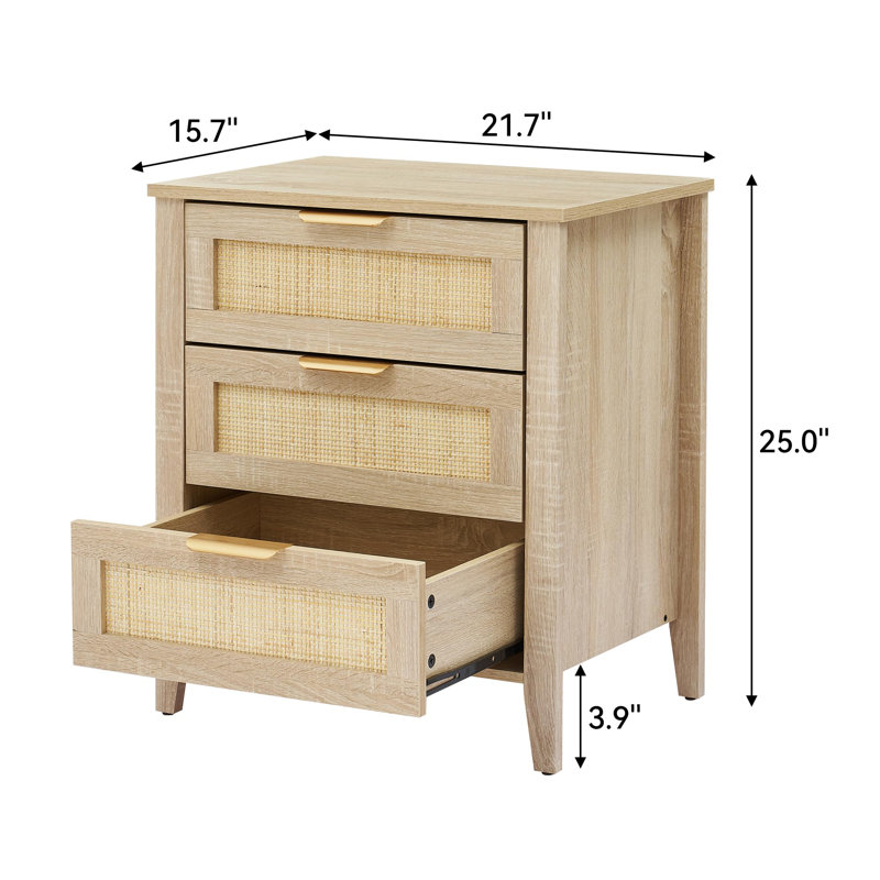 Nightstand, Rattan End Table, Nightstands With 3 Natural Rattan Drawers, Strong Support Wooden Structure, Side Table