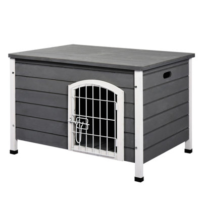 31"L Wooden Decorative Dog Cage Kennel Wire Door With Lock Small Animal House With Openable Top Removable Bottom Grey