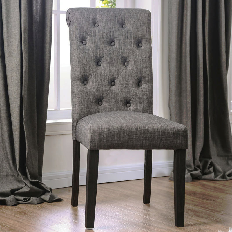 Ensemble classique de 2 chaises d'appoint capitonnées capitonnées en tissu de bois massif avec dossier à volutes et mobilier de salle à manger rustique