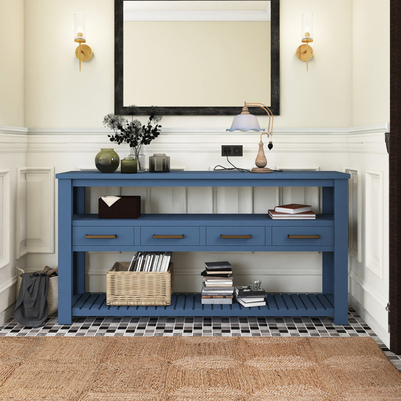 Console 62,2 po avec 4 tiroirs en bois peint, Bleu
