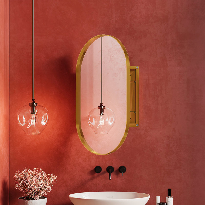 Miroir ovale encastré avec rangement pour pharmacie, Doré