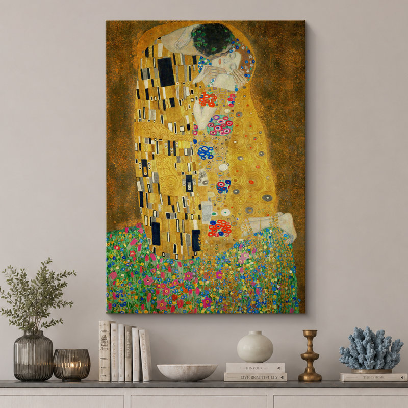Famous Artwork "The Kiss by Gustav Klimt - Extra Large Framed Canvas Giclee Painting Print Wall Art", 36" H x 24" W, No Frame