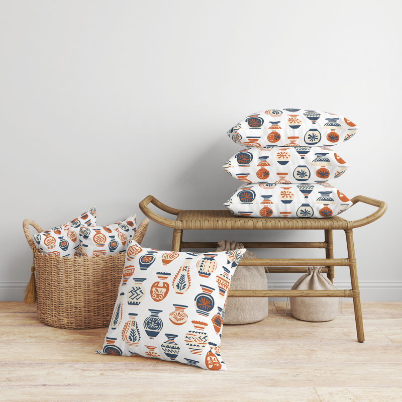 Coussin décoratif intérieur / extérieur Mystical Pottery, H 18 po x l 18 po, Blanc / orange / indigo