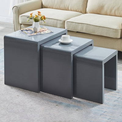 Set of 3 Modern Nesting End-Tables with Tempered Glass-Top and Panel-Built Frame 