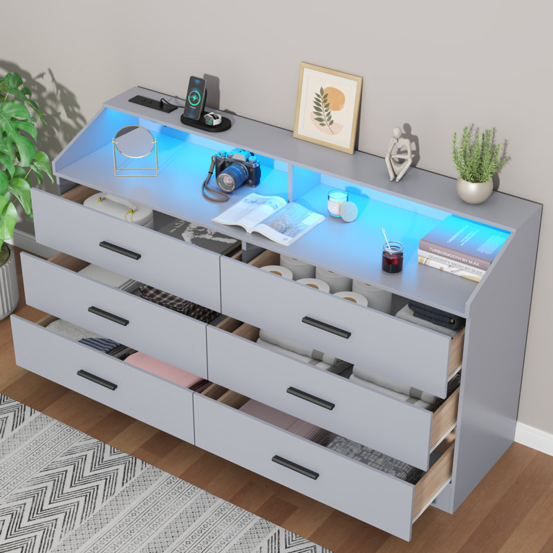 Vikky 6 Drawers Dresser with Power Outlet, Chest of Drawers with LED Light, Modern Dresser Organizer, Gray