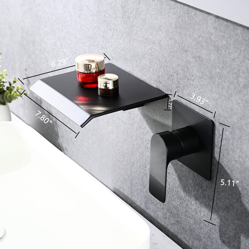 Robinet de salle de bain mural en acier inoxydable - Évier de salle de bain moderne à poignée simple noir mat avec cascade