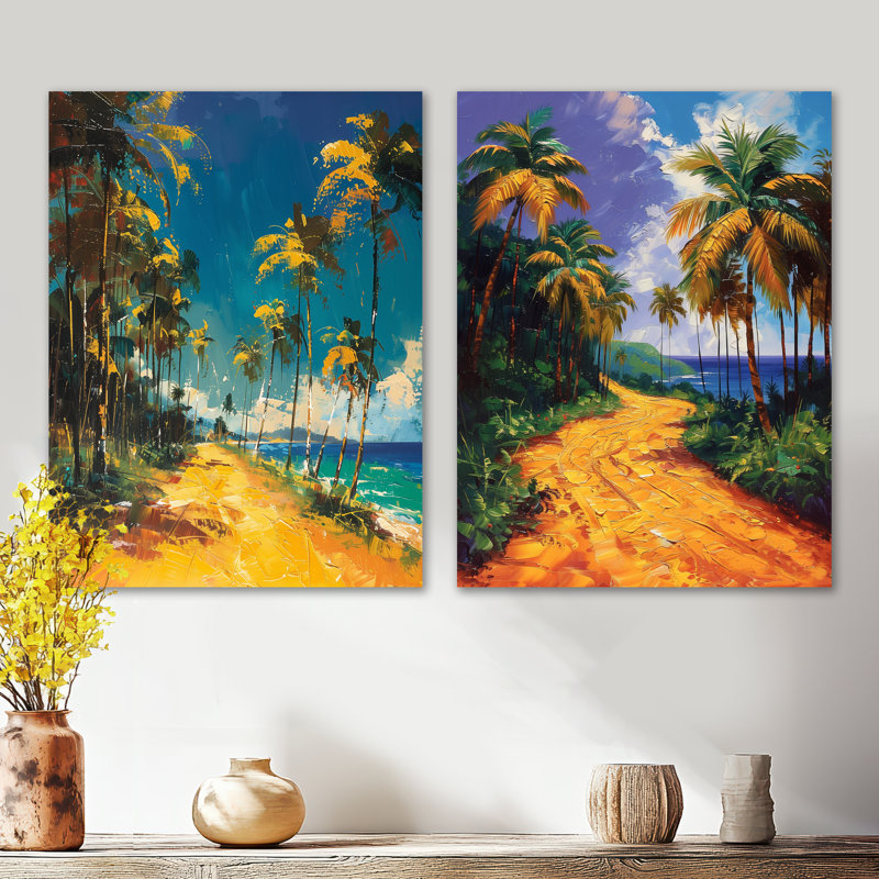 «Green Palm Trees Vibrant Palm Grove I», impression d'art mural en métal tropical 2 pièces, H 32 po x l 48 po