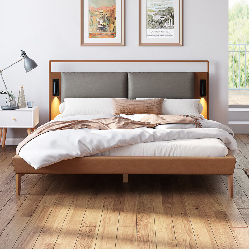 Brown&Gray Leather Bed with 2pcs Night Lights, Full / Double