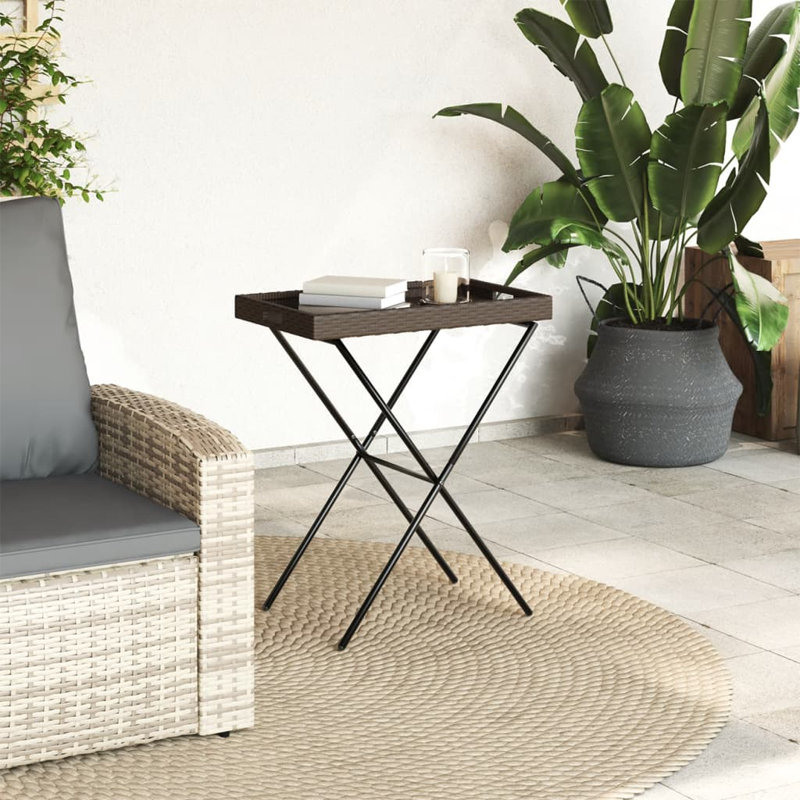 Latitude Run® Folding Tray Table 25.6"X15.7"X29.5" Poly Rattan, Brown