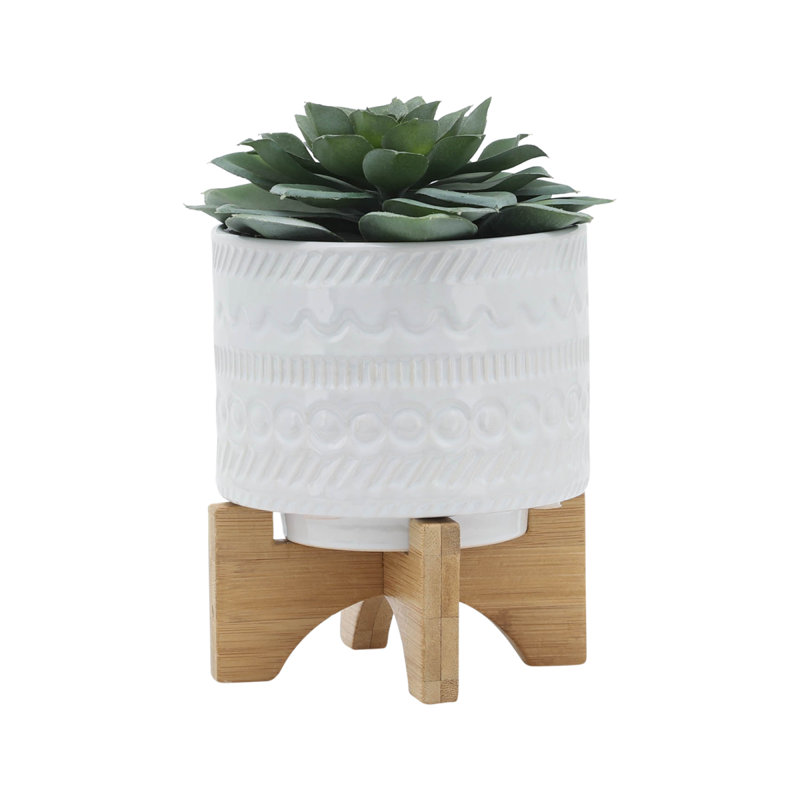 POT DE FLEURS 5 "AVEC SUPPORT EN BOIS, BLANC