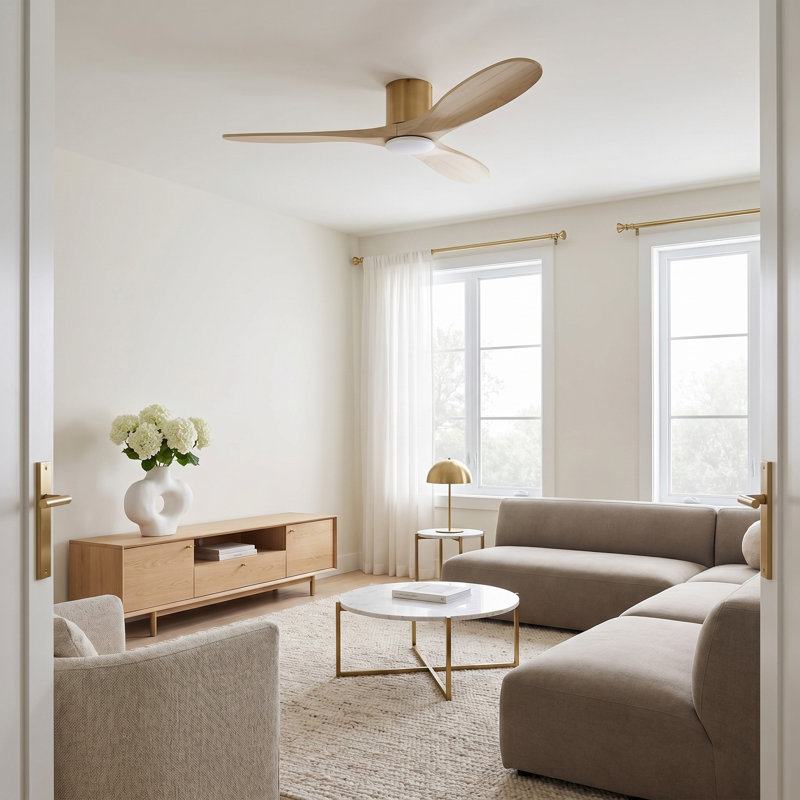 Maverick Smart Hugger LED Ceiling Fan, Washed White Oak, 52" Wide, Burnished Brass