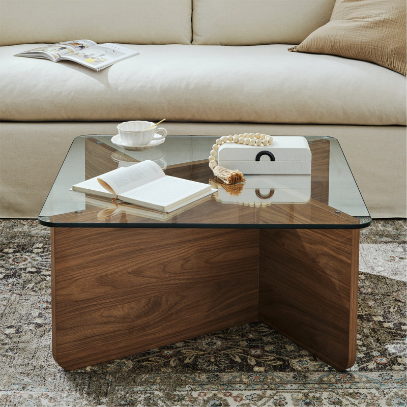 31.5 Inch Glass Coffee Table, Mid-century Modern Square Coffee Table, Living Room Wooden Coffee Table Antique Square Center Cocktail Table With Tempered Glass Top
