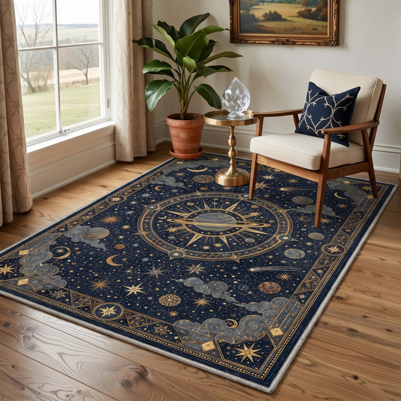 Tapis bleu / or lavable à la machine avec envers antidérapant, Rectangle 108 po x 72 po