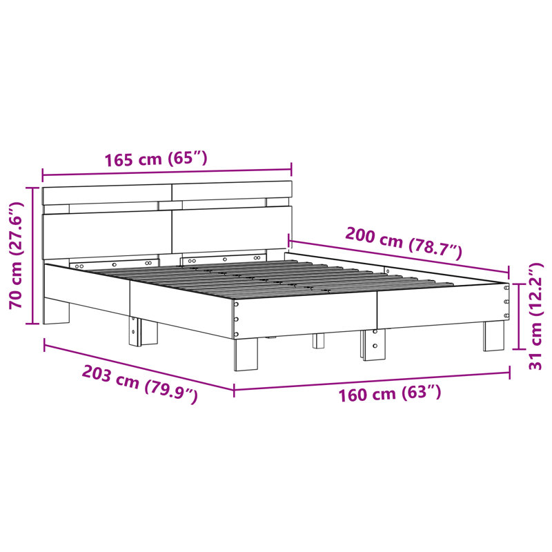 Vidaxl Wood Bed Frame with LED Durable, European Kingsize (160 x 200 cm), Old Wood