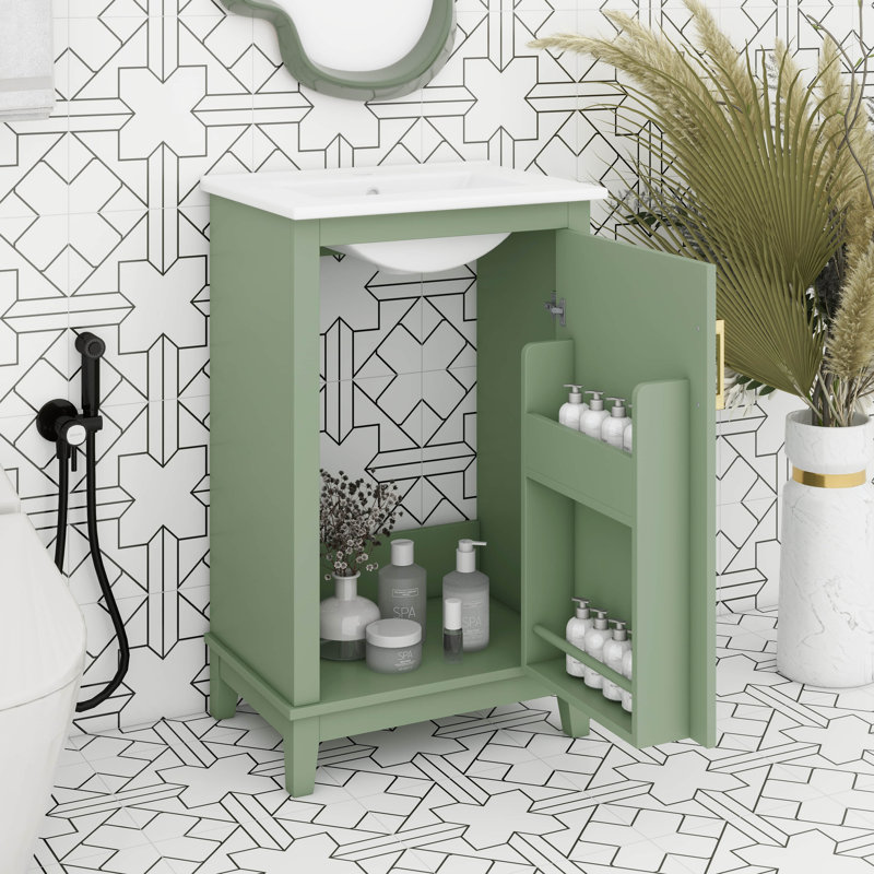 Meuble-lavabo de 20 po avec lavabo, petite armoire de salle de bain avec supports de rangement et porte à fermeture en douceur, structure en bois massif