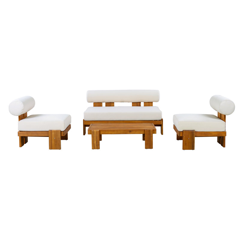 Ensemble de conversation d'extérieur en bois d'acacia avec coussin de dossier rond 4 pièces Kavaro, Beige