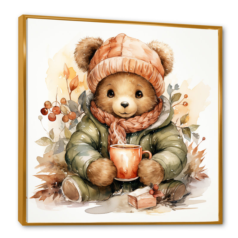 Cozy Teddy Bear chocolat en hiver III - art mural de l'ours en peluche, Cadre flottant doré, H 16 po x l 16 po x P 1 po