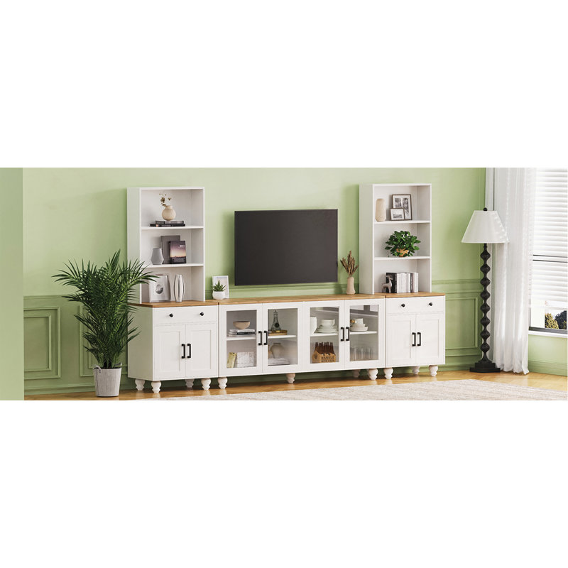 Meuble télé Farmhouse avec portes en verre trempé 3 pièces, Blanc/naturel