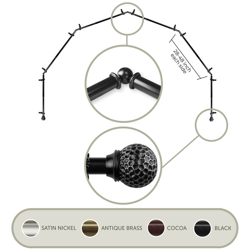 Métal; tringle à rideaux simple réglable en résine 0,81 po, Noir, 28 po à 48 po (chaque côté)