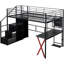 Lit mezzanine double en métal noir avec poste de travail intégré, garde-robe de rangement et escalier sécuritaire