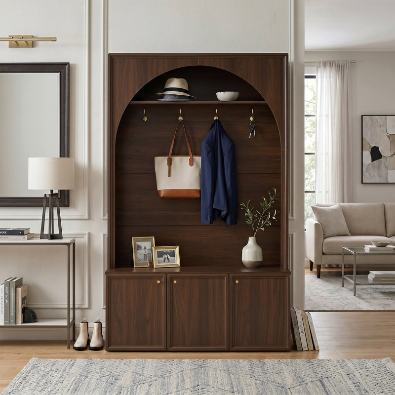 Farmhouse Hall Tree Fits Mudroom Living Room Use with Arched Design, Adjustable Shelves & 4 Hooks, Walnut