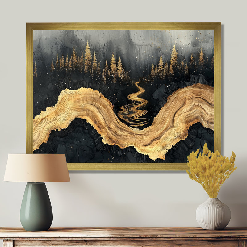 Forêt forêt de cristal onyx noir I - forêt, art mural, H 24 po x l 32 po, Cadre simple, Doré
