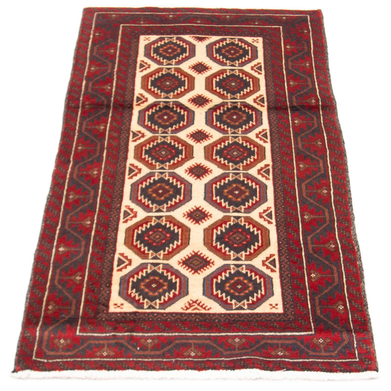 Tapis unique en laine noué à la main 3 pi 2 po x 6 pi 3 po nouvel âge Warrenton - crème / brun / rouge