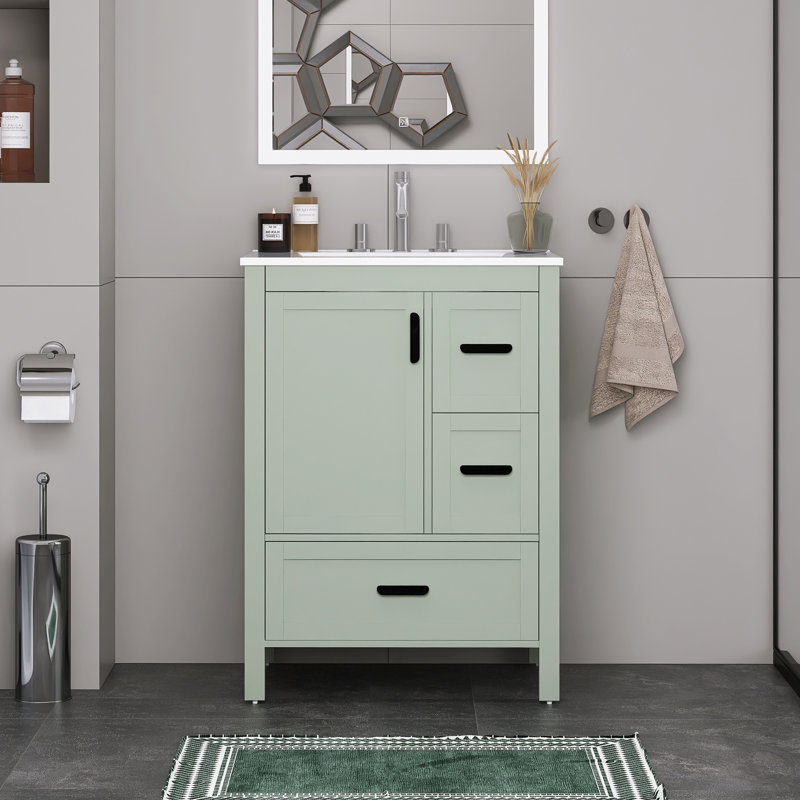 Modern 24" Freestanding Bathroom Vanity With Ceramic Sink, Green