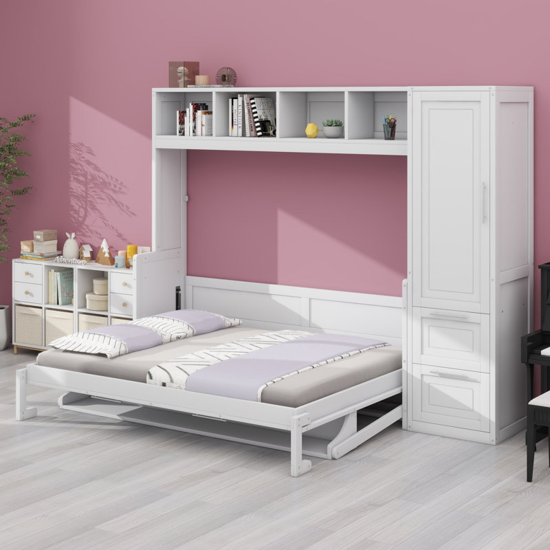 Lit escamotable Murphy avec placard et tiroirs, Blanc