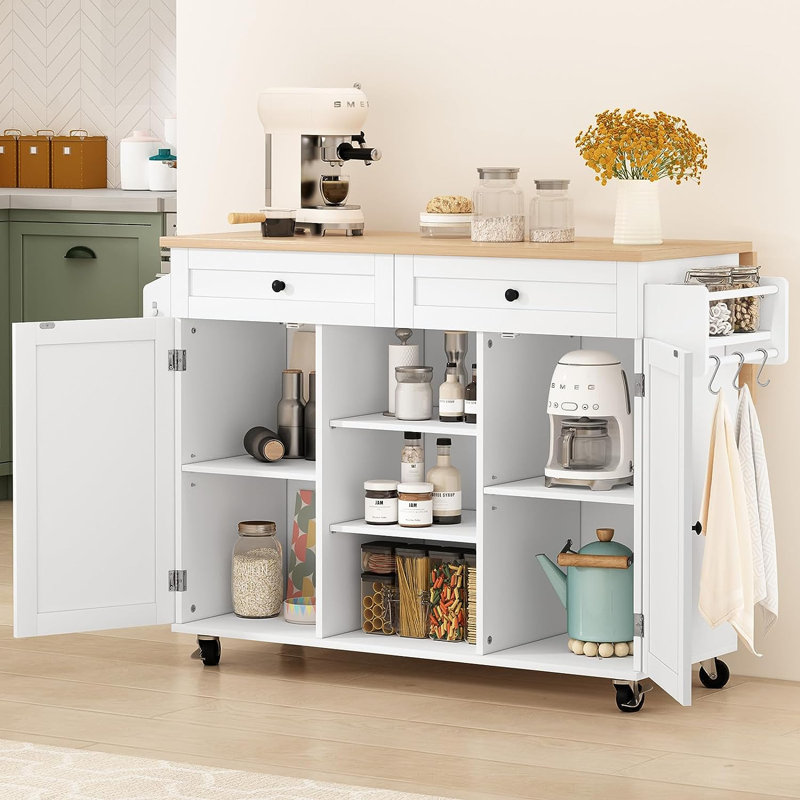 Jaye 51.7" Kitchen Island on Wheels with Storage Cabinet with Drop Leaf Countertop, White