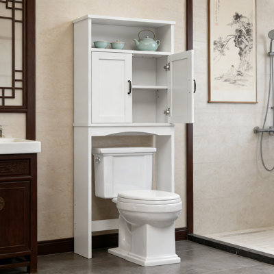 Armoire de rangement au-dessus de la toilette avec tablette réglable et portes doubles, organisateur de salle de bain peu encombrant pour rangement au-dessus de la toilette, finition blanche