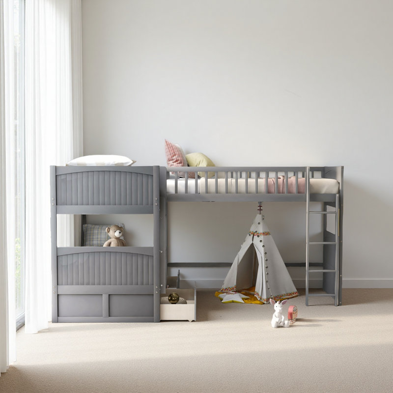 Lit superposé avec lit mezzanine attaché, avec deux tiroirs, Gris