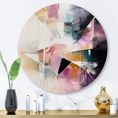 «Mauve langue des lignes II», art mural rond abstrait géométrique sur métal
